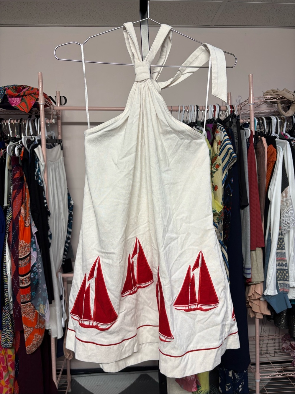 Celandine White Halter Dress with Red Sailboat Print Size Large - Picture 3 of 5